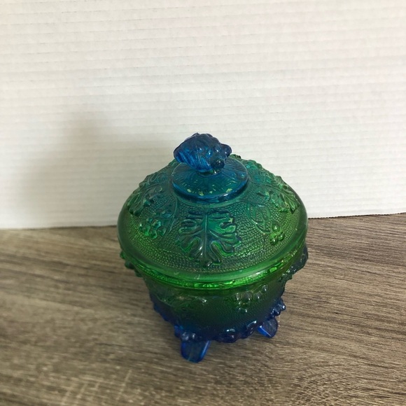 Vtg Jeanette Glass Blue Green Footed Dish - Picture 2 of 13